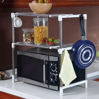 Expandable Microwave Oven Rack Shelf Kitchen Tableware Stainless Steel 304 Tube Counter Rice Cooker Stand Contains 2 Tiers Hooks