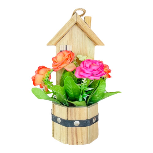 Handmade Artificial Silk Carnation Simulation Wooden House Pot Fake Flower, 1Pcs