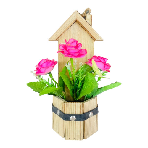 Handmade Artificial Silk Carnation Simulation Wooden House Pot Fake Flower, 1Pcs