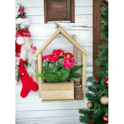 Handmade Artificial Silk Carnation Simulation Wooden House Pot Fake Flower, 1pcs