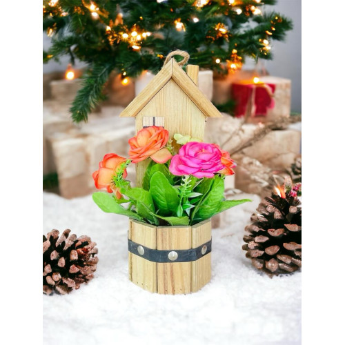 Handmade Artificial Silk Carnation Simulation Wooden House Pot Fake Flower, 1Pcs