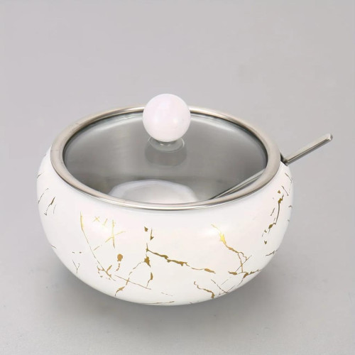 Stainless Steel Coffee Sugar Bowl With Spoon And Clear Glass Lid - white Marble Design Condiment Pot Spice Container Salt Sugar Pot - Multifunctional Seasoning Tank