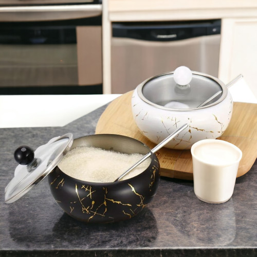 Stainless Steel Coffee Sugar Bowl With Spoon And Clear Glass Lid - white Marble Design Condiment Pot Spice Container Salt Sugar Pot - Multifunctional Seasoning Tank