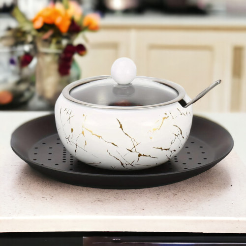 Stainless Steel Coffee Sugar Bowl With Spoon And Clear Glass Lid - white Marble Design Condiment Pot Spice Container Salt Sugar Pot - Multifunctional Seasoning Tank