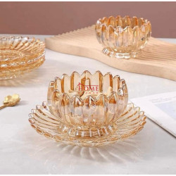 Wedding Glass Dinner Amber Transparent Dinnerware , 12 Pcs Fruit Salad Plates Bowl Cup Sets