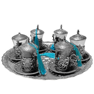 Antique-Style Copper Tea Set with  Round Serving Tray