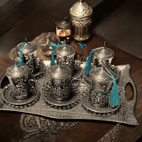 Antique-Style Copper Tea Set with  Square Serving Tray