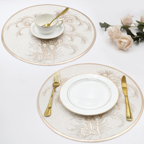 Gold Round Decorative Placemats Set of 6, Heat Insulation Non-Slip Waterproof and Oil-Proof Placemat, Pressed Vinyl Placemats Washable Wipable Reusable for Gatherings Party Dinner Housewarming Decoration Table Centerpiece Mat