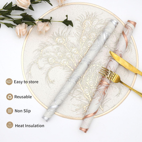 Gold Round Decorative Placemats Set of 6, Heat Insulation Non-Slip Waterproof and Oil-Proof Placemat, Pressed Vinyl Placemats Washable Wipable Reusable for Gatherings Party Dinner Housewarming Decoration Table Centerpiece Mat