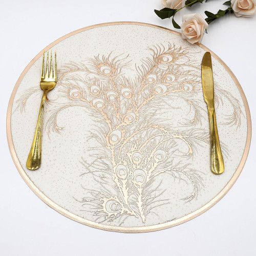Gold Round Decorative Placemats Set of 6, Heat Insulation Non-Slip Waterproof and Oil-Proof Placemat, Pressed Vinyl Placemats Washable Wipable Reusable for Gatherings Party Dinner Housewarming Decoration Table Centerpiece Mat