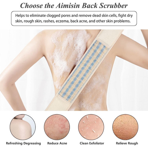 Linen Back Scrubber for Shower, Double Sided Exfoliating Long Back Strap Deep Clean and Polish Skin Body Massage Shower Scrubber for Women and Men
