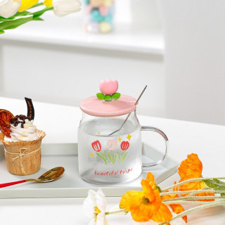 Glass mug with lid and spoon, tulip theme