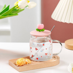 Glass mug with lid and spoon, tulip theme
