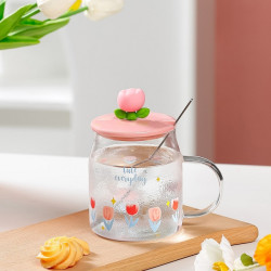 Glass mug with lid and spoon, tulip theme,