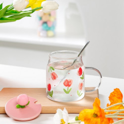 Glass mug with lid and spoon, tulip theme,,