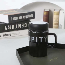 420ml Ceramic Mug With Lid & Handle, Minimalist Fashionable English Graphic Mirror Finish Coffee Cup Suitable For Office, Home, School Use (Black)