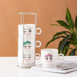 Chic Faces Coffee Cup Set of 4 pcs With the Iron Frame Mug Folding Cup Tower Home Furnishing Ceramic Cup of Milk Cup Coffee Cup