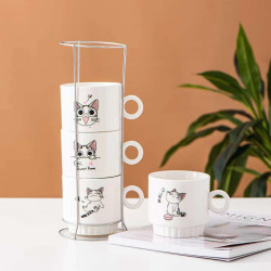 tea Cup Set of 4 pcs With the Iron Frame Mug Folding Cup Tower Home Furnishing Ceramic Cup of Milk Cup Coffee Cup