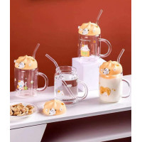 550ml Glass Sippy Cup High Temperature Resistance Milk Drinkware Coffee Mug Kawaii Summer Kids Juice Water Bottle with straw