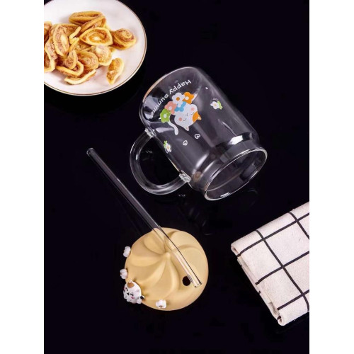 550ml Glass Sippy Cup High Temperature Resistance Milk Drinkware Coffee Mug Kawaii Summer Kids Juice Water Bottle with straw