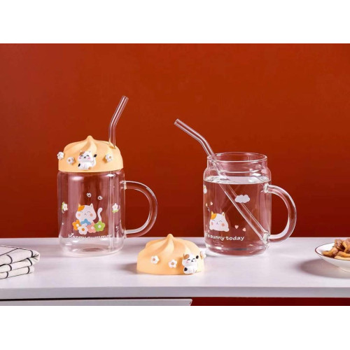550ml Glass Sippy Cup High Temperature Resistance Milk Drinkware Coffee Mug Kawaii Summer Kids Juice Water Bottle with straw