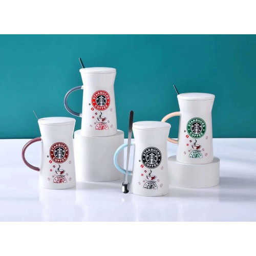 WhiteCeramic Mug With Lid And Spoon- 420ml