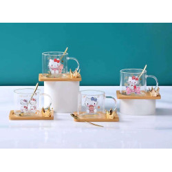 Hello Kitty Glass Mugs and Wooden Coasters with spoon 1cup