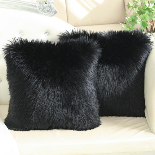 Fur Throw Pillow Cover Fluffy Soft Decorative Square Pillow covers Plush Pillow Case Faux Fur Cushion Covers For Livingroom Sofa Bedroom etc. (BLACK, 45X45CM)