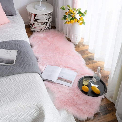 Faux Sheepskin Rug, Modern Living Room Rug, Fluffy Long-Pile Fur Effect, Cosy Sheepskin Bedside Rug, Sofa Rug (Pink, 60*140)