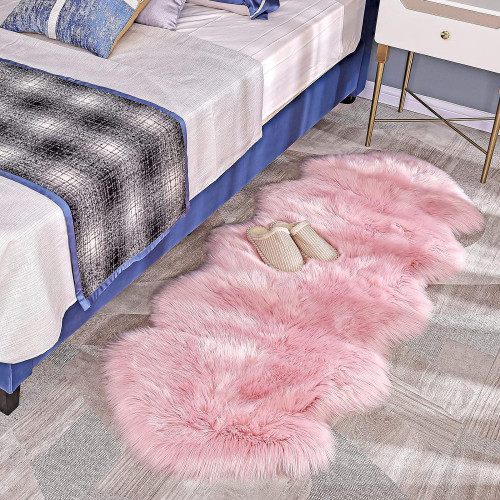 Faux Sheepskin Rug, Modern Living Room Rug, Fluffy Long-Pile Fur Effect, Cosy Sheepskin Bedside Rug, Sofa Rug (Pink, 60*140)