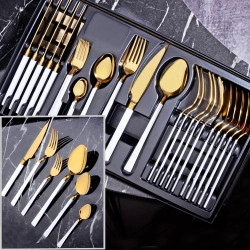 Set Gold And White 36Piece Silverware Flatware Cutlery Set,Stainless Steel Utensils Service Set for 6,Mirror Finish,Dishwasher Safe