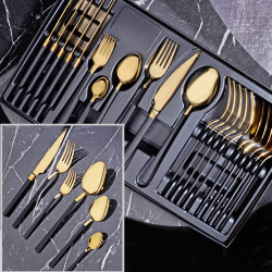 Set Gold And black 36Piece Silverware Flatware Cutlery Set,Stainless Steel Utensils Service Set for 6,Mirror Finish,Dishwasher Safe