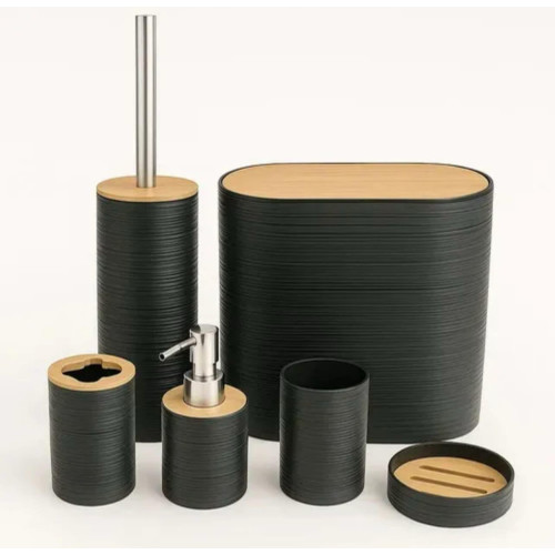 6-Piece Black Bathroom Set – With Bamboo Lid