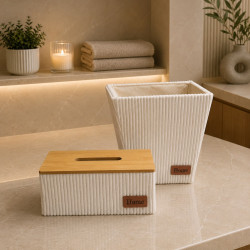 Off White Trash Bin & Tissue Box Set