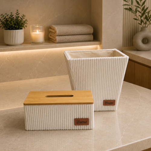 Off White Trash Bin & Tissue Box Set