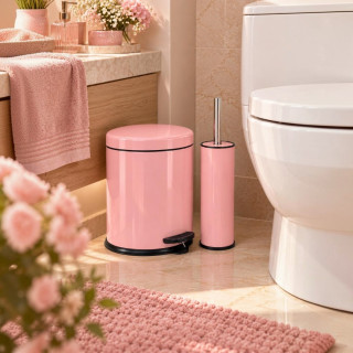 5 Lt Elite Series 2 Pcs Bathroom Set Stainless pink Color  Pedal White Dustbin , Toilet Brush