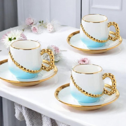 12-pcs,tea set,blue and white and gold (6 cups,6 saucers)