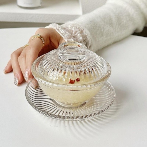 1 Pc Glass Bowl with Lid and Saucer - Stylish and Functional Kitchenware