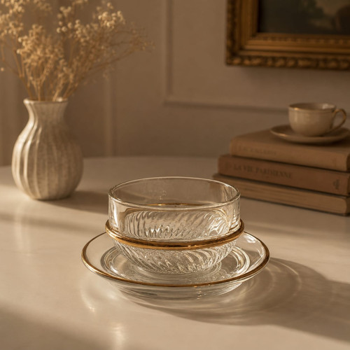 Bowls & Saucers Set with Gold Ring Design – 12 Pieces (6 Bowls and 6 Saucers)