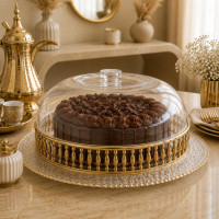 Elegant Gold-Trimmed Glass Cake Stand with Clear Acrylic Lid 33 cm
