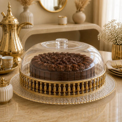 Elegant Gold-Trimmed Glass Cake Stand with Clear Acrylic Lid 33 cm