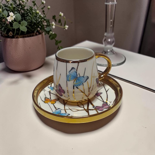 Butterfly Coffee Cups with Gold Details Set – 6 Cups & 6 Saucers