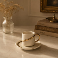White & Gold Coffee Cups with Gold Ring Design – 6 Cups & 6 Saucers