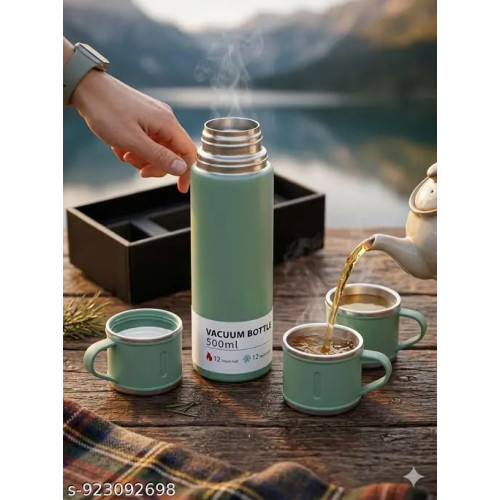 Green Vacuum Bottle Set – 500 ml with 3 Cups
