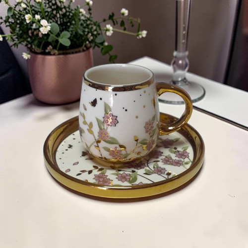 Pink Flowers Coffee Cups with Gold Details 6 Cups+ 6 Saucers