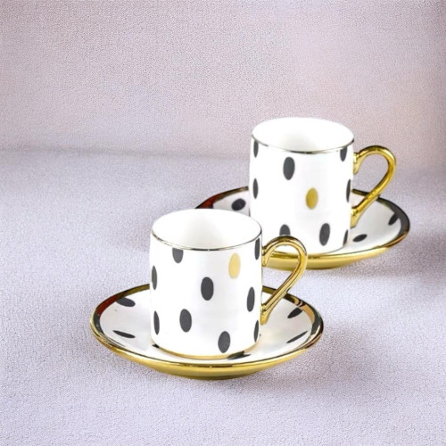 Polka-Dot Coffee Cup Set - 6-Piece Porcelain Cups with Saucers