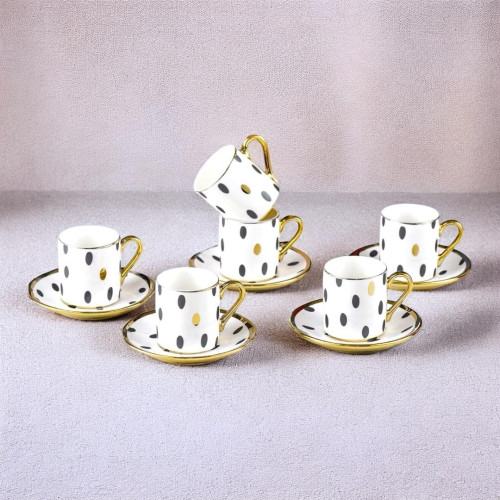 Polka-Dot Coffee Cup Set - 6-Piece Porcelain Cups with Saucers