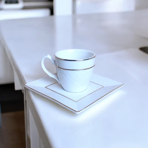 Coffee cups- set 12pcs for 6 person (6cups and 6 square saucers) white and gold Coffee cups- set 12pcs for 6 person (6cups and 6 square saucers) white and gold