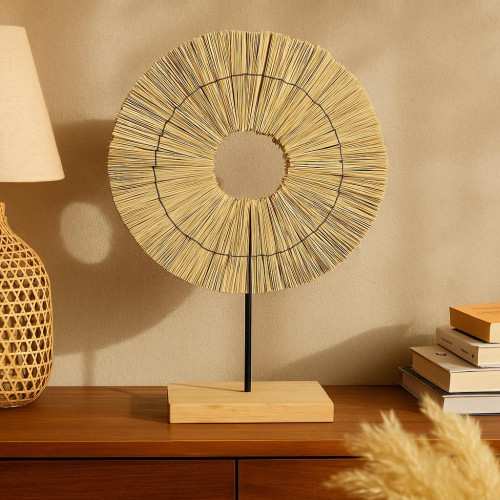 Straw Decorative Stand with Wooden Base – Natural Home Decor Accent