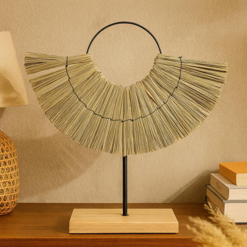 Straw Decorative Stand with Wooden Base – Natural Home Decor Accent